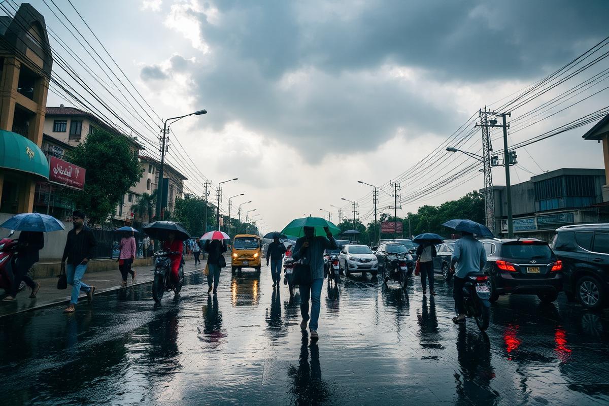 Pedestrians cross a wet street in Islamabad during pre-monsoon showers.